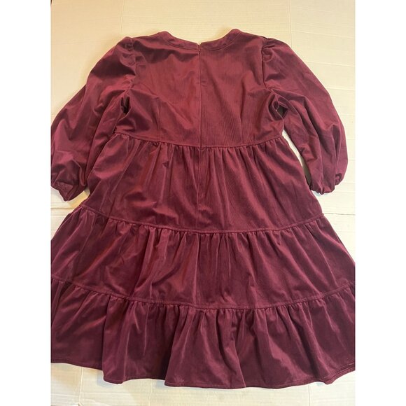 Melonie T Burgundy 14 Merlot 3/4 sleeve corduroy, baby doll, mini tiered dress - Picture 2 of 13